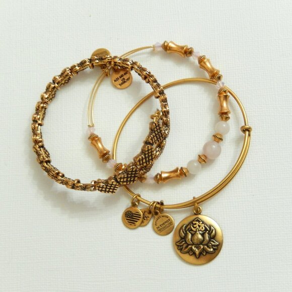 Alex and Ani 3 Pc Bracelet Set Rose Gold Hearts Lotus Peace Petals Rose Quartz - Picture 6 of 10